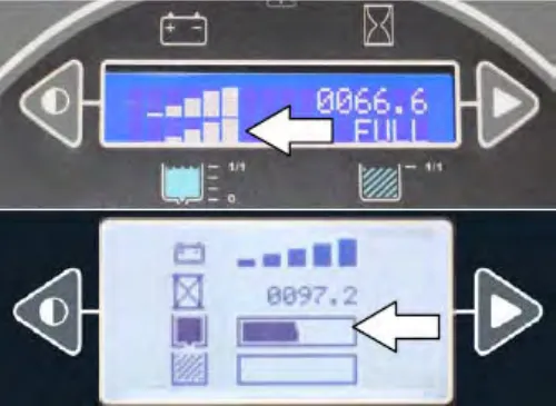 Standard panel displays with arrows pointing at the solution tank indicator