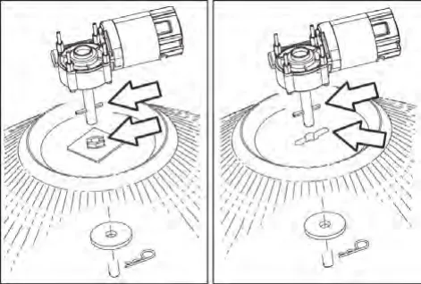 Two drawings of the side brush hub with arrows showing the channel in the brush lining up with the two brush locks on the hub, and the retaining washer and cotter pin below