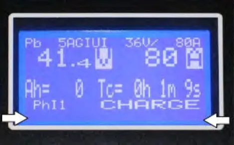 Tennant charger display showing CHARGE, with arrows pointing to both sides of the screen