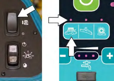 Standard panel: arrows pointing to the Side brush switch and, on the lower panel, the 1-Step button
