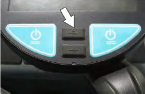 Control panel with an arrow pointing to the USB port between the two power buttons