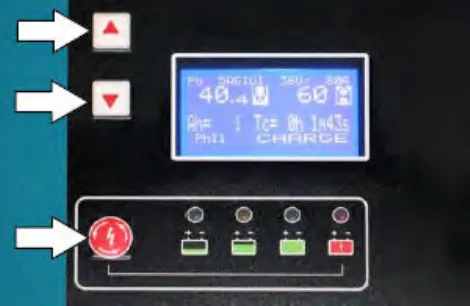 Charger front panel with arrows pointing to the up and down navigation buttons and the stop / start / enter button