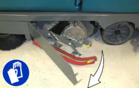 Main brush access door and side squeegee support door opened, with an arrow showing the direction, plus glove symbol
