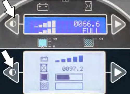 Standard panel displays with an arrow pointing at the contrast control button