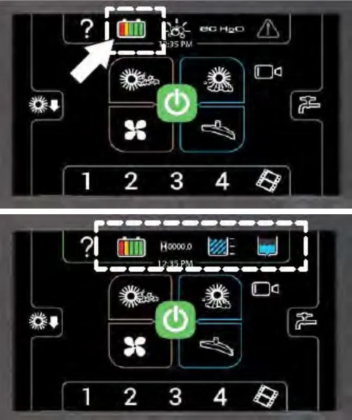 Two Pro-Panel screens: the default view with the battery status button highlighted, and the view with all four machine status buttons shown (battery, hour meter, recovery tank, solution tank)