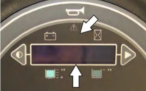 Standard panel with an arrow pointing at the fault indicator light above the display and another pointing at the display