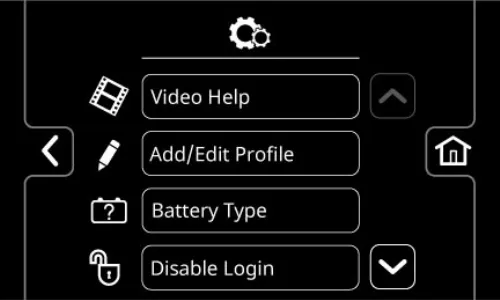 Supervisor settings menu showing Video Help, Add/Edit Profile, Battery Type and Disable Login