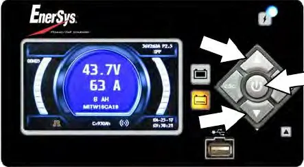 EnerSys charger front panel with arrows pointing to the navigation buttons and the stop / start / enter button