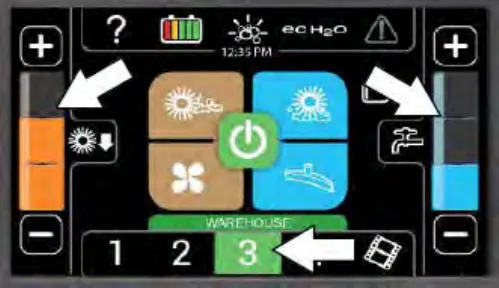 Pro-Panel with zone 3 named WAREHOUSE selected, and arrows pointing at the brush pressure bar on the left, the solution flow bar on the right and the zone name