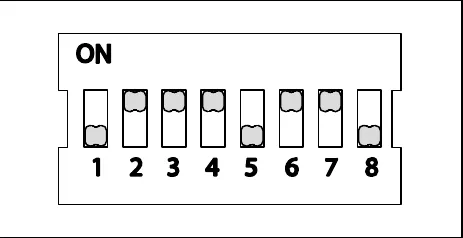 Eight-switch DIP block, Lead Acid 240Ah setting: switches 1, 5 and 8 are down (away from ON); switches 2, 3, 4, 6 and 7 are up (toward ON)