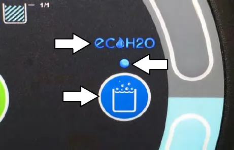 Touch panel showing the ec-H2O logo and blue indicator light lit above the scrub mode button