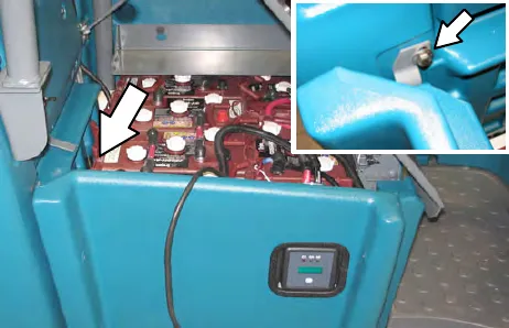 Battery compartment with an arrow at the side panel and an inset showing the side panel fastener