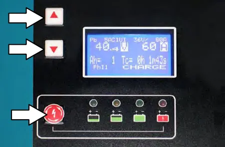 Charger panel with arrows pointing to the up and down navigation buttons and the stop / start / enter button