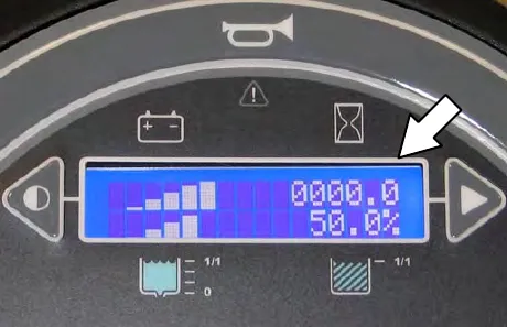 Touch panel display with an arrow to the hour meter reading