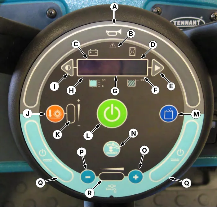 Touch panel close-up with callouts A to R: horn, warning light, battery discharge indicator, hour meter, buttons, LCD display, tank indicators, brush pressure, 1-Step, scrub mode, vacuum fan, solution controls