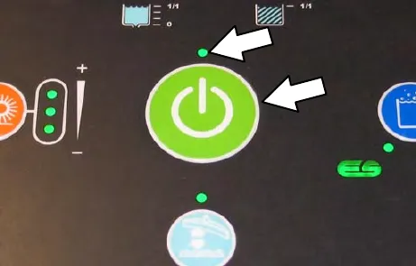 Control panel with arrows pointing to the green 1-STEP power button and its indicator light