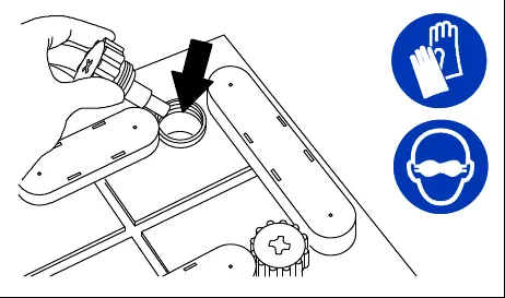 Drawing of filling a battery cell through its fill opening, with an arrow at the opening and symbols calling for gloves and eye protection (08247)