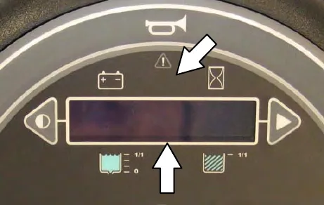 Touch panel with arrows to the red warning / fault indicator light and the LCD