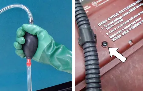 A gloved hand squeezing the pump bulb, and the battery level indicator with an arrow pointing to it