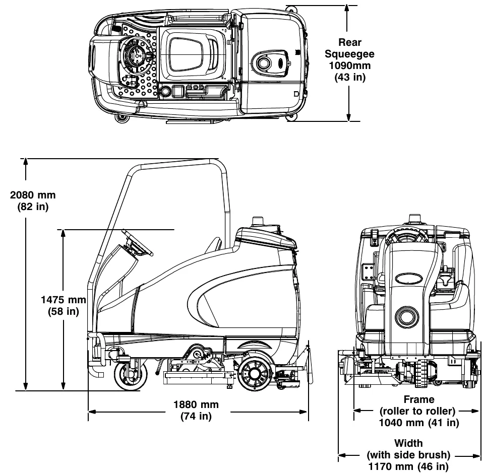 Top, side and rear drawings of the T16 with dimension arrows: length 1880 mm (74 in), height 1475 mm (58 in), height with overhead guard 2080 mm (82 in), rear squeegee 1090 mm (43 in), frame roller to roller 1040 mm (41 in), width with side brush 1170 mm (46 in)