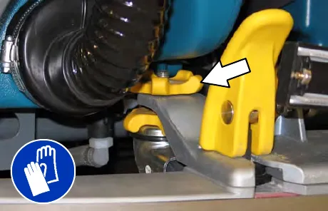 Rear squeegee mount with an arrow pointing to the lock knob; gloves must be worn