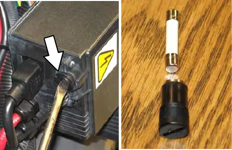 Screwdriver at the fuse cap on the charger, and the fuse beside its black cap