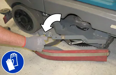 Gloved hand swinging the side squeegee support door open, with an arrow showing the direction; gloves must be worn