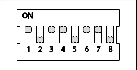 Eight-switch DIP block, Lithium setting: switches 2, 5 and 8 are down (away from ON); switches 1, 3, 4, 6 and 7 are up (toward ON)