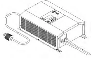 90A fast charger, a wall-mounted case with a vented front, a control panel at the top, an AC plug on a cord and a battery cable