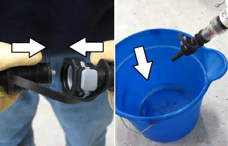 Two photos: the hose and regulator connectors being pushed together, and the purger in a bucket of water