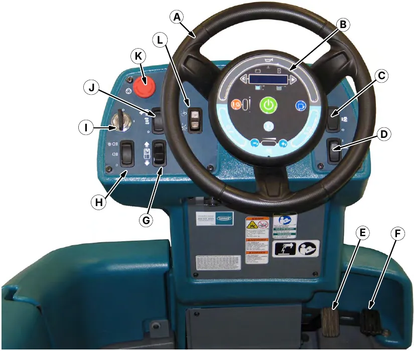 Operator controls: steering wheel, touch panel, side brush and spray nozzle switches, brake and propel pedals, directional switch, lights switch, key switch, pre-sweep switch, power kill switch, and severe environment or detergent metering switch