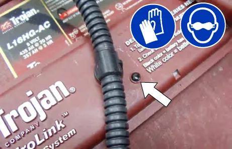 Trojan HydroLink battery cover with an arrow pointing to the level indicator; gloves and eye protection are required
