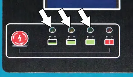 Charger status indicators with arrows pointing to the first three lights