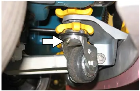 Rear squeegee caster with an arrow pointing to the pivot point