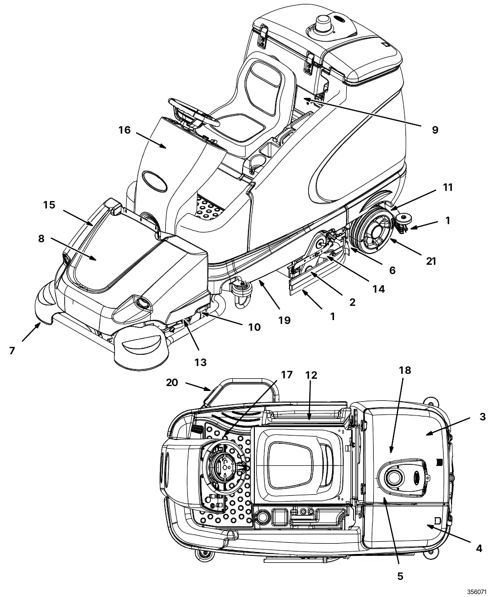 T16 maintenance drawing with numbered service points 1 to 21: squeegees, brushes, tanks, filters, battery cells, drive belts, chain and casters, shown from the side and from above