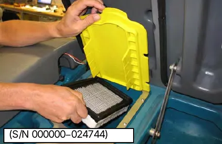 Vacuum fan inlet filter under its yellow cover on earlier machines