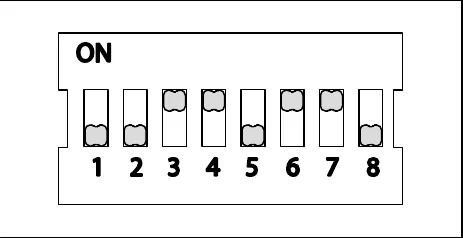 Eight-switch DIP block, Lead Acid 360Ah setting: switches 1, 2, 5 and 8 are down (away from ON); switches 3, 4, 6 and 7 are up (toward ON)