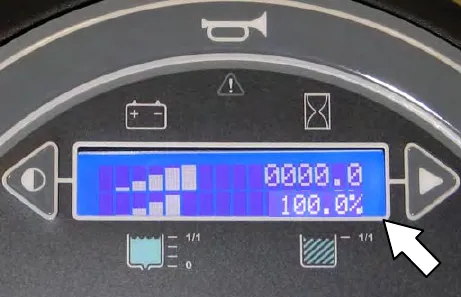 Touch panel display with an arrow to the recovery tank reading of 100%