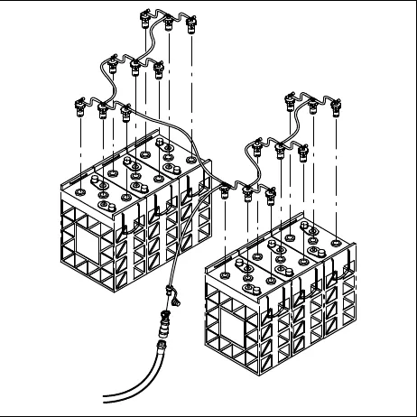 Drawing of the Flow-Rite watering system: hoses and fill caps on two groups of batteries, joined to one supply hose with a quick-connect fitting
