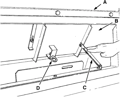 Closing the vacuum door on a low dump model: inspection door (A), vacuum door (B), door arm (C) and retainer (D)