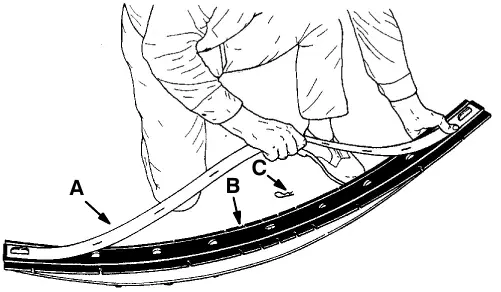 Installing retaining band: retaining band (A), squeegee (B) and hair cotter pin (C)