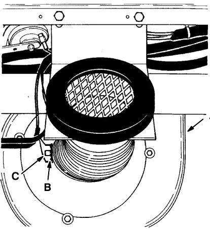 Thermo Sentry on the vacuum fan: vacuum fan (A), Thermo Sentry (B) and reset button (C)