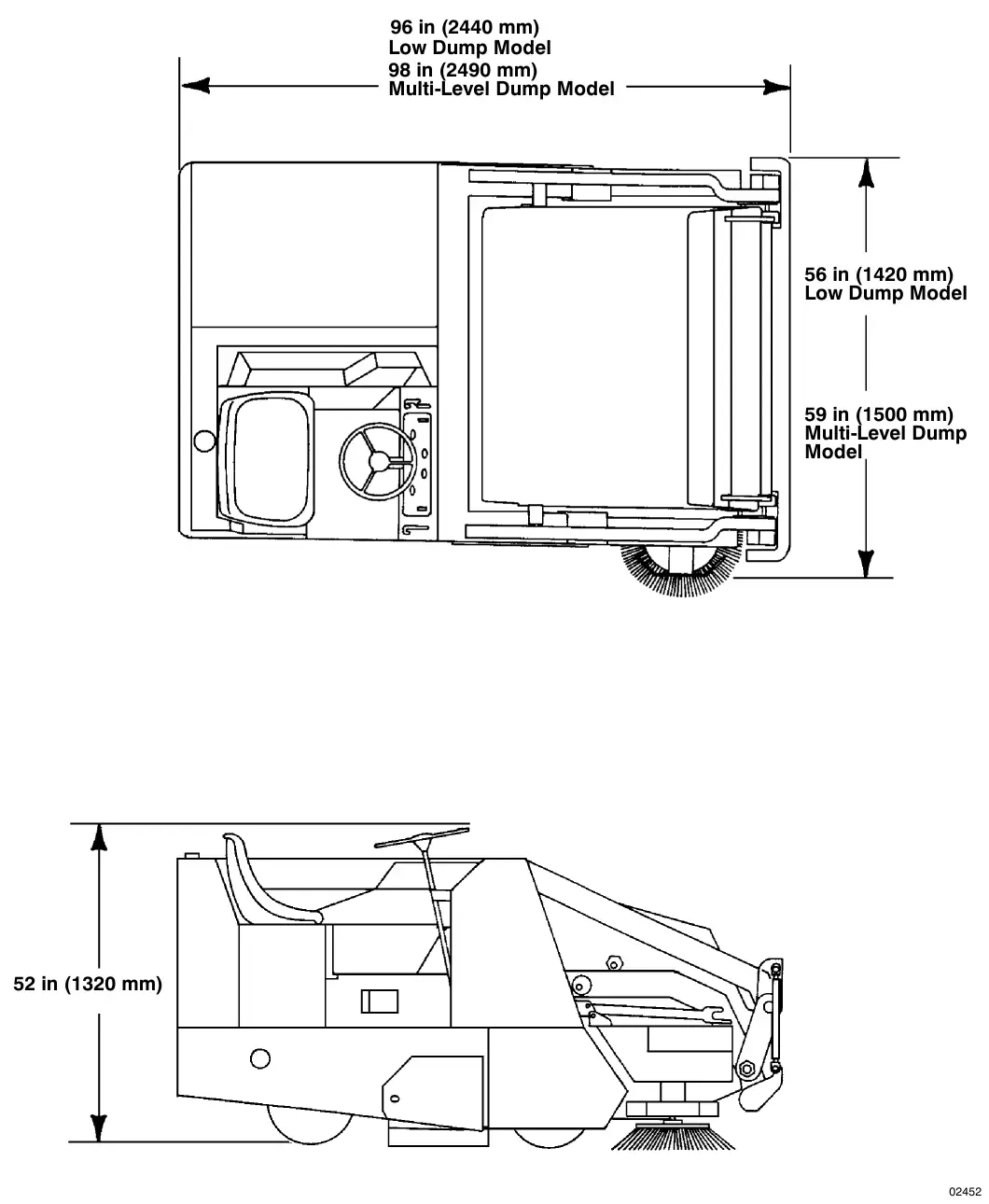 Top view and side view of the 285 with dimensions: length 96 in (2440 mm) low dump model and 98 in (2490 mm) multi-level dump model; width 56 in (1420 mm) low dump model and 59 in (1500 mm) multi-level dump model; height 52 in (1320 mm)