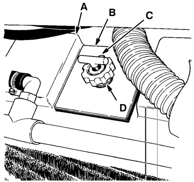 Front clean-out door: recovery tank (A), clean-out door (B), door handle (C) and lock knob (D)