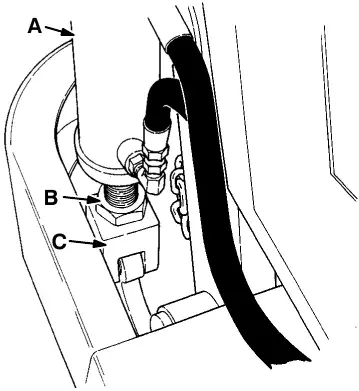 Hopper dump cylinder: hopper dump cylinder (A), jam nut (B) and cylinder clevis (C)
