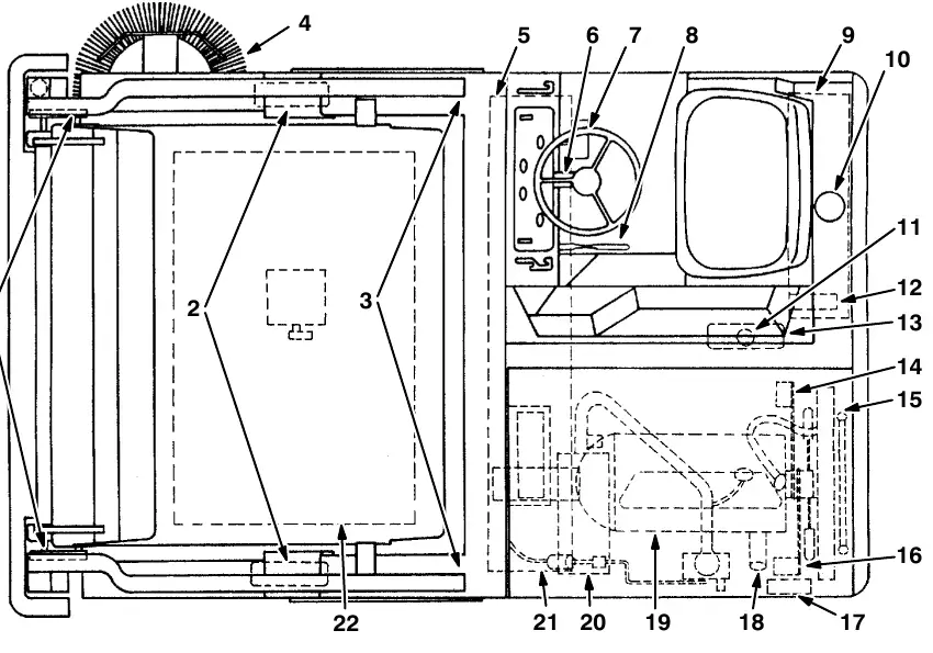 Top view of the machine with numbers 1 to 22 marking the service points listed in the maintenance chart