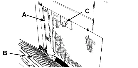 Radiator access: radiator (A), hydraulic fluid cooler (B) and retainer (C)