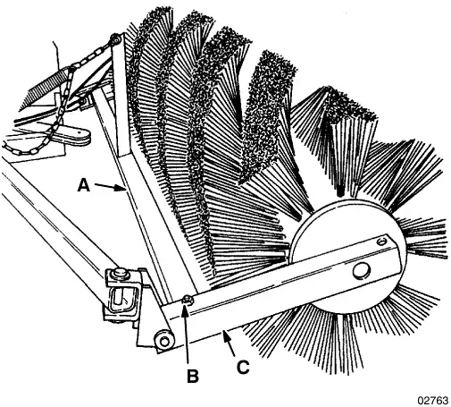 Idler arm on the snow broom: cross shaft (A), bolt (B) and idler arm (C)