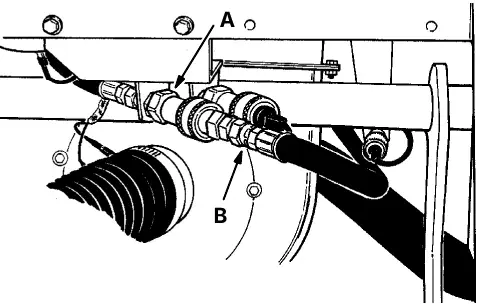 Reconnected hose: operator-side port (A) and hydraulic hose (B)