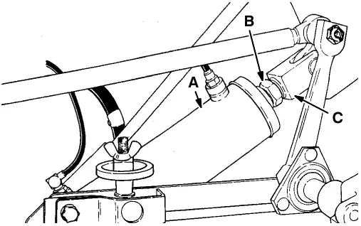 Hopper lift cylinder: hopper lift cylinder (A), jam nut (B) and cylinder clevis (C)